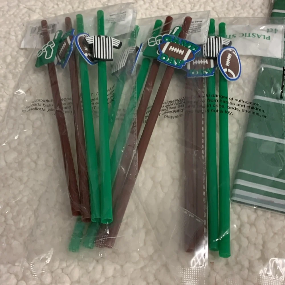 Football Party 40 pc Set Tablecloth Straws Coasters Coozie Ice Trays Cups & More